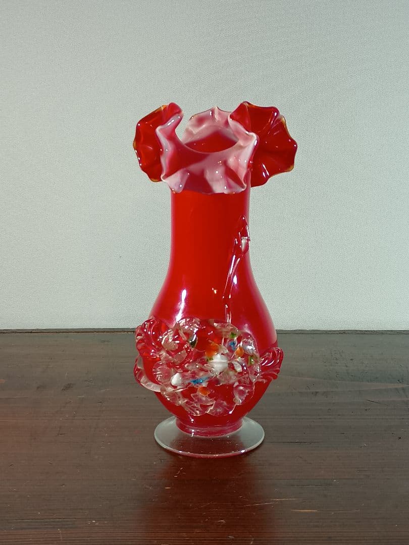 大正ロマン ガラス花瓶 フリルバラ 手作り吹ガラス
