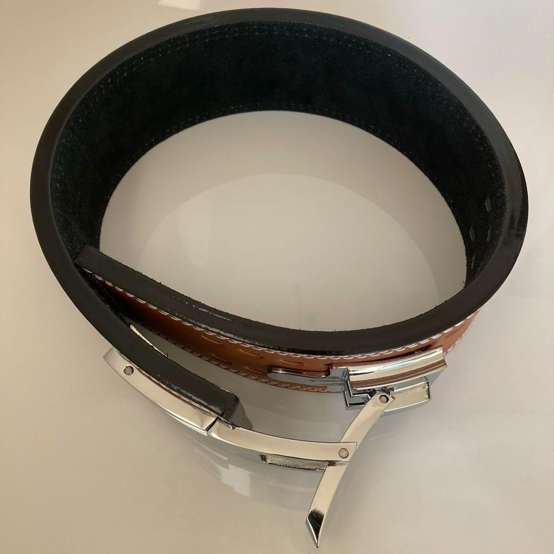 訳アリ パワーベルト レバーアクション 本革 ワンタッチ可変式 茶×光沢シルバー