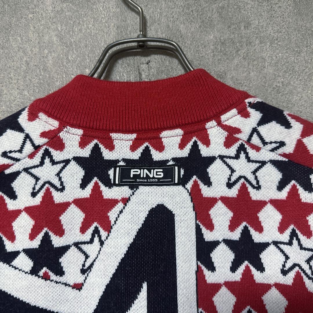 【新品】 PING ピン 総柄 星 ウール混 ニット ジャケット レッド L
