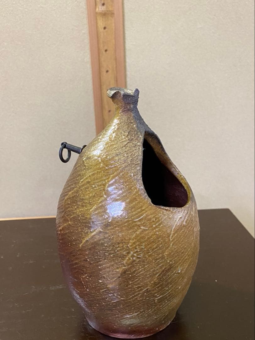 茶道具/花入 『備前くりぬき掛花入』 岡田輝 共箱 茶の湯