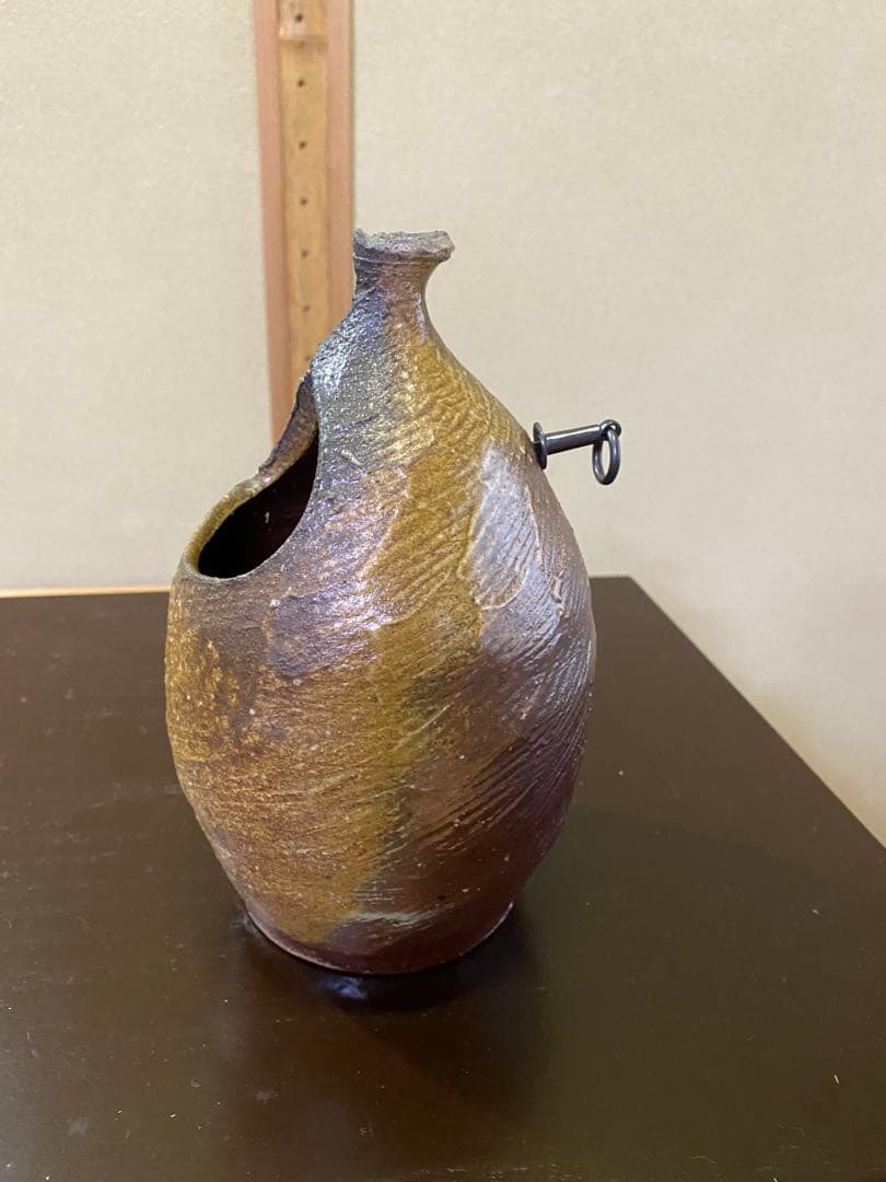 茶道具/花入 『備前くりぬき掛花入』 岡田輝 共箱 茶の湯