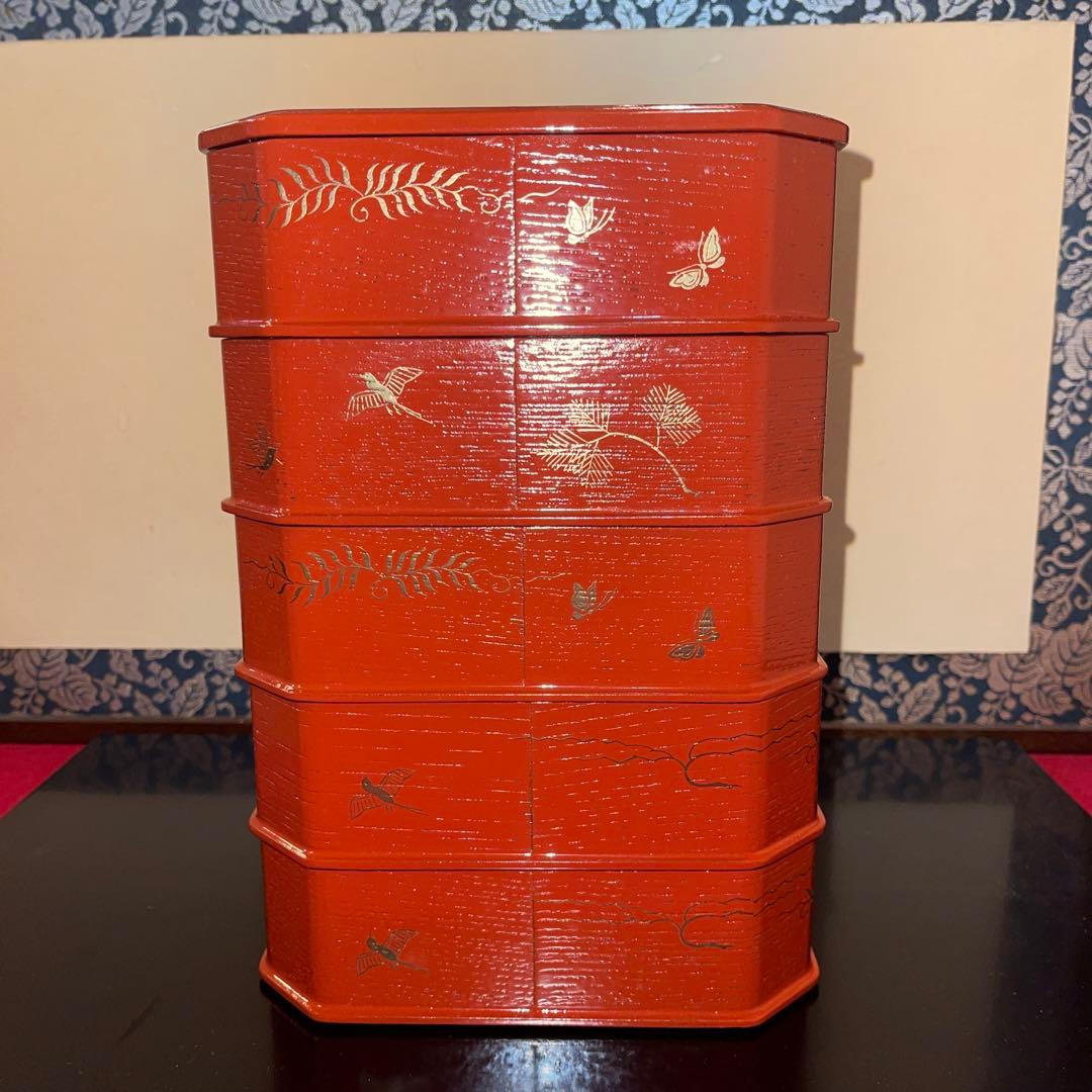 茶道具　朱縁高重花鳥絵　蓋付