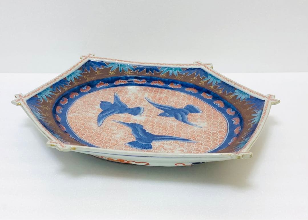 明治初期 香蘭社 色絵褐地青海波鳥竹文 ブラックホーソン六角大皿