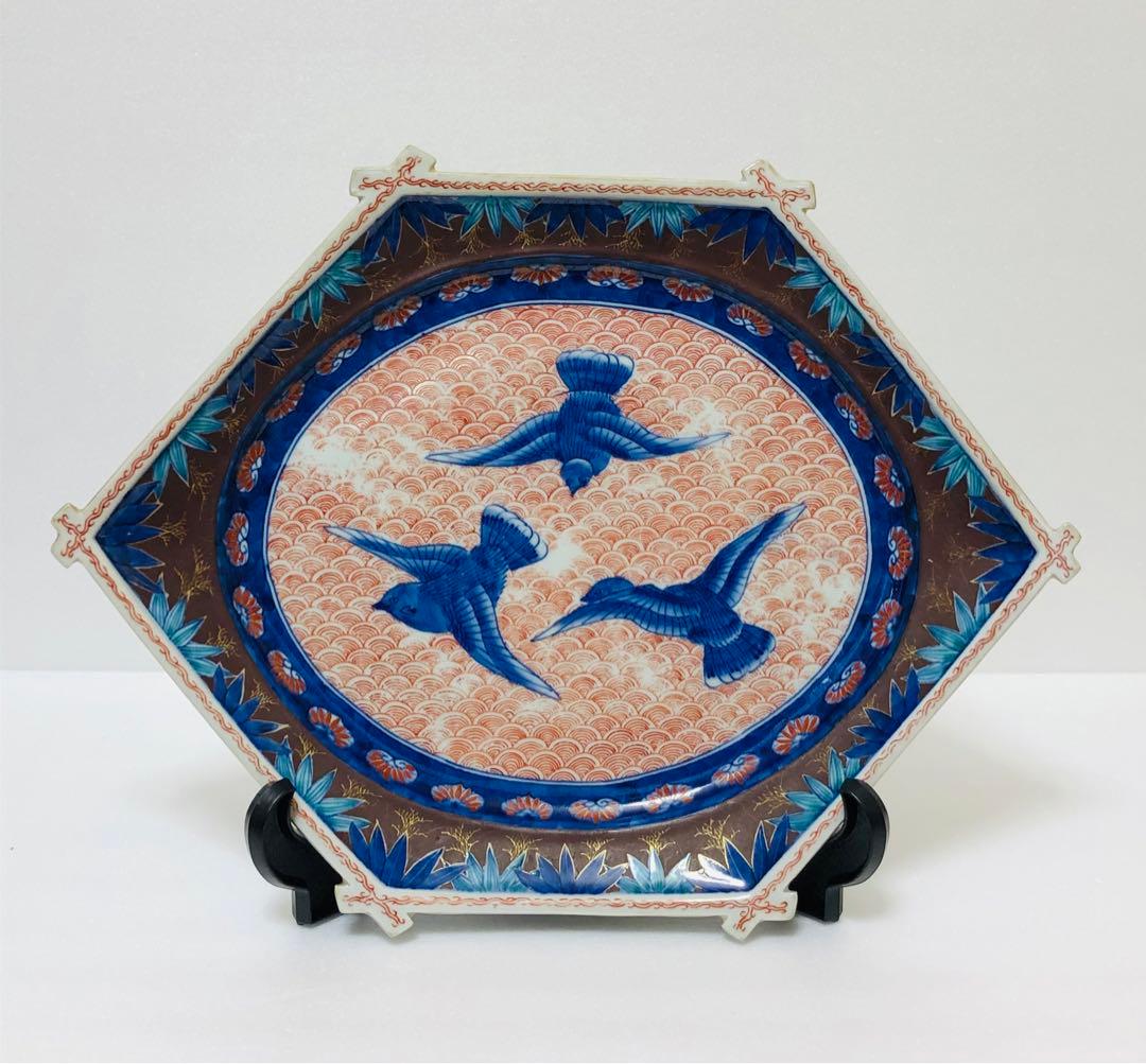 明治初期 香蘭社 色絵褐地青海波鳥竹文 ブラックホーソン六角大皿