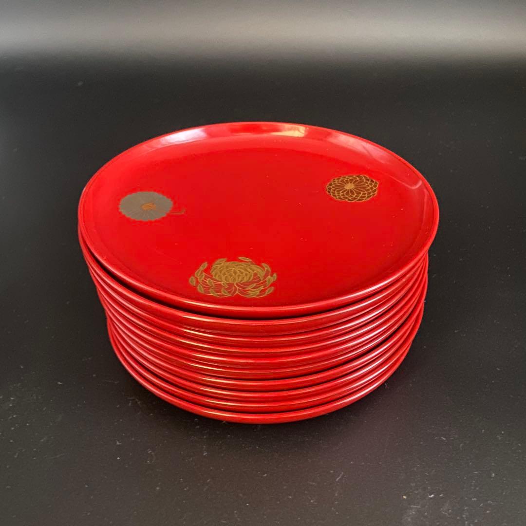 京都 平安象彦 菊 銘々盆 菓子皿 漆器 10客 共箱 菓子器 茶道具 懐石