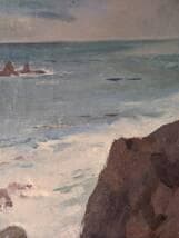 【真作】絵画　油彩8号　岩礁に打ち寄せる波　荒波と岩場の海風景　Y180