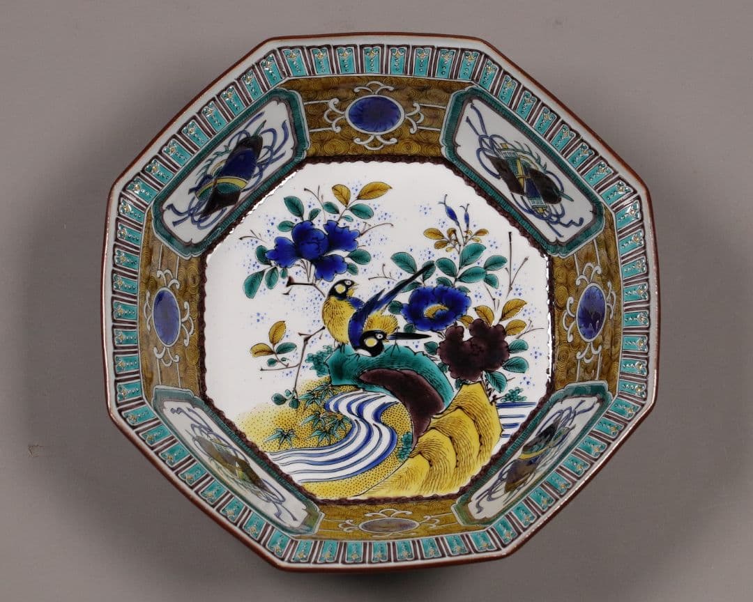 九谷焼 宮本忠夫「色絵九谷花鳥図・菓子鉢」共箱 八角鉢 陶芸 M977