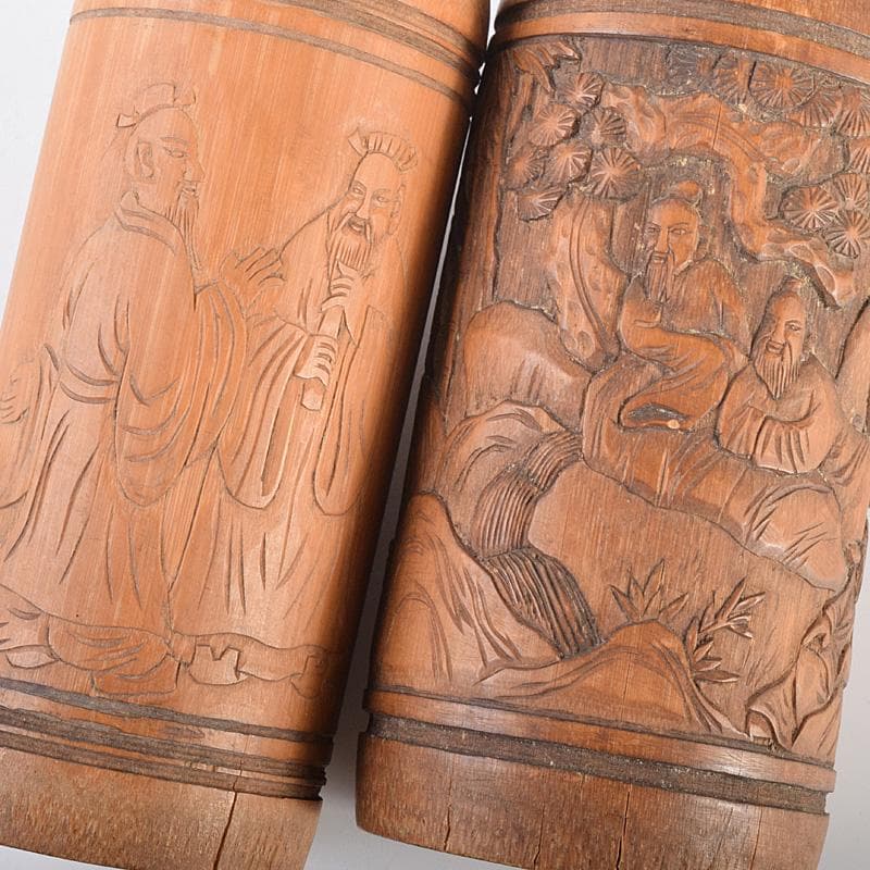 中国　古竹彫刻　山水人物文　螺鈿花文など　筆筒　六点まとめて　M　R7642