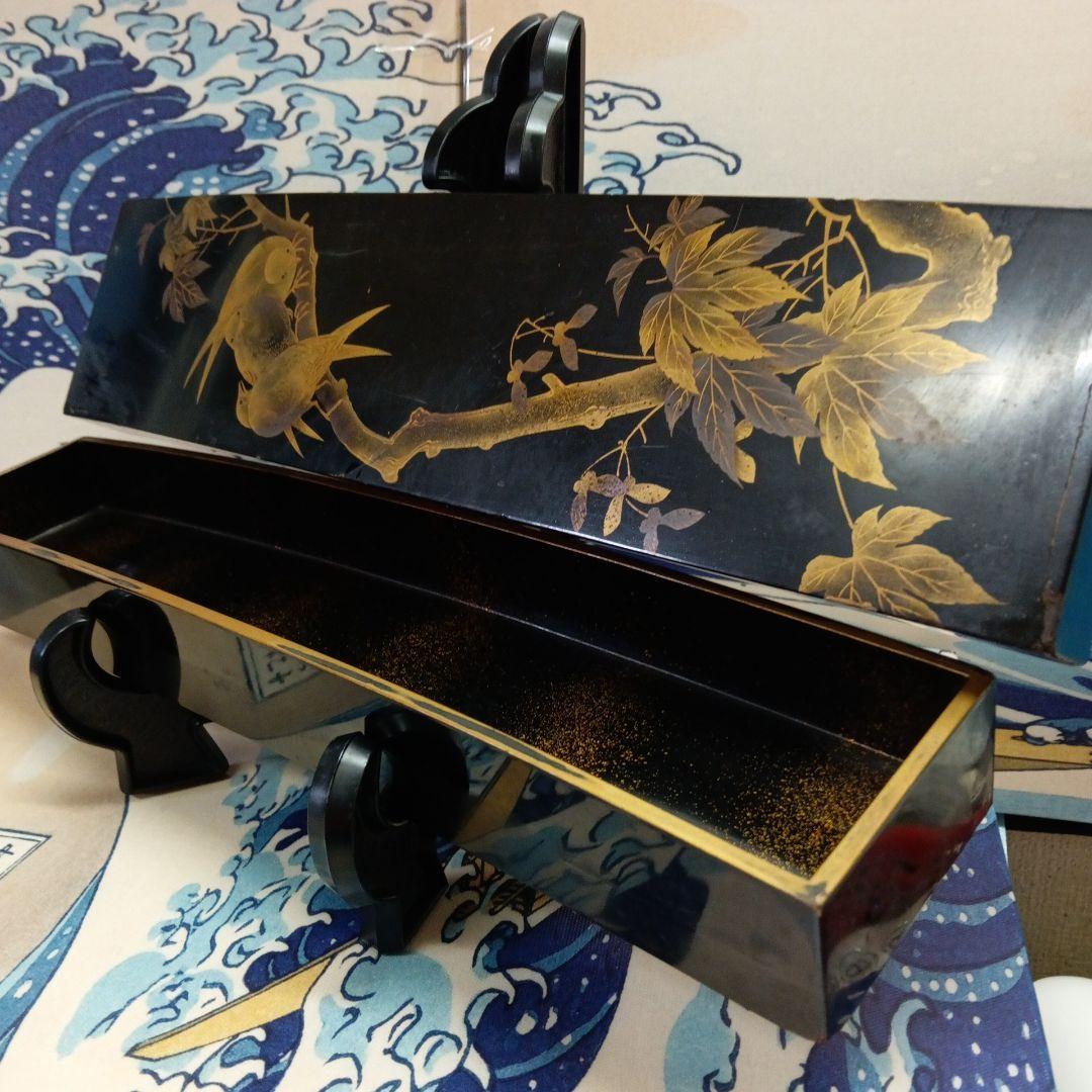 江戸時代中期頃本金蒔絵黒漆塗内梨地木製４０センチサイズ湾曲大名公家歌人時代短冊箱