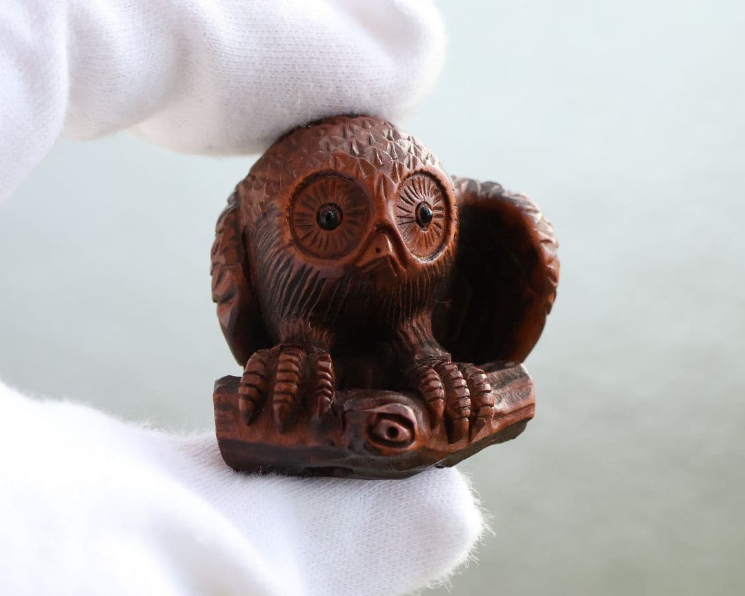 木製 提物 根付 正次(銘) 梟 ふくろう 彫刻 木彫り【MA923】