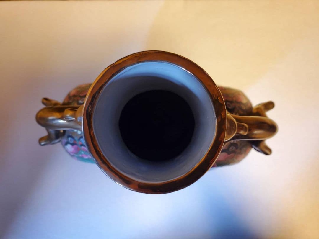 中国古玩　大清乾隆年製　扁壺　粉彩花鳥図双龍耳　花瓶