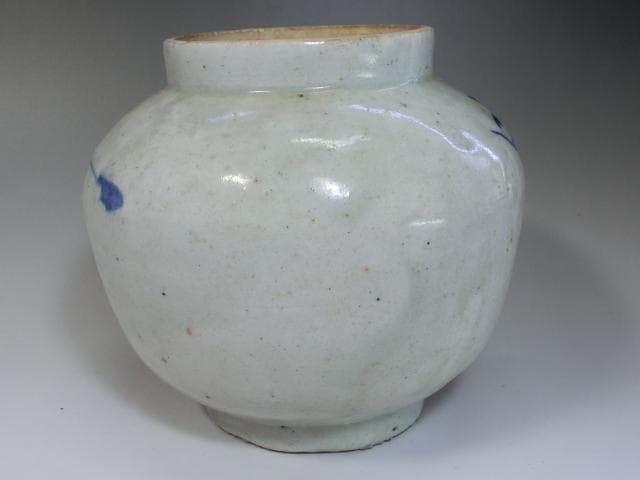 壷■古い李朝染付口広丸壺 砂高台 唐草紋 砂高台 直し有 花器 時代物 骨董品■