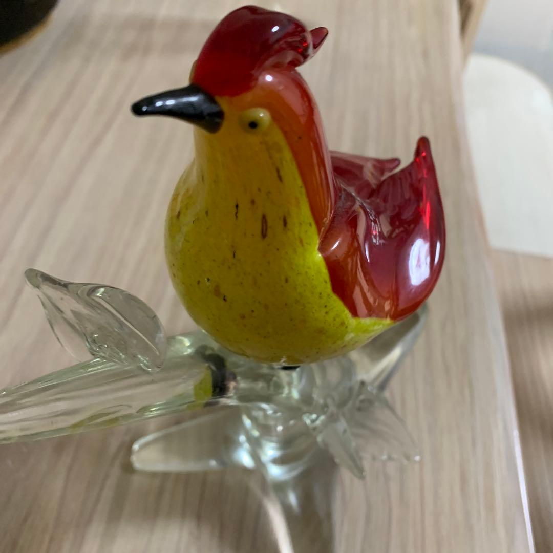 ガラス製 鳥の置物 赤黄色
