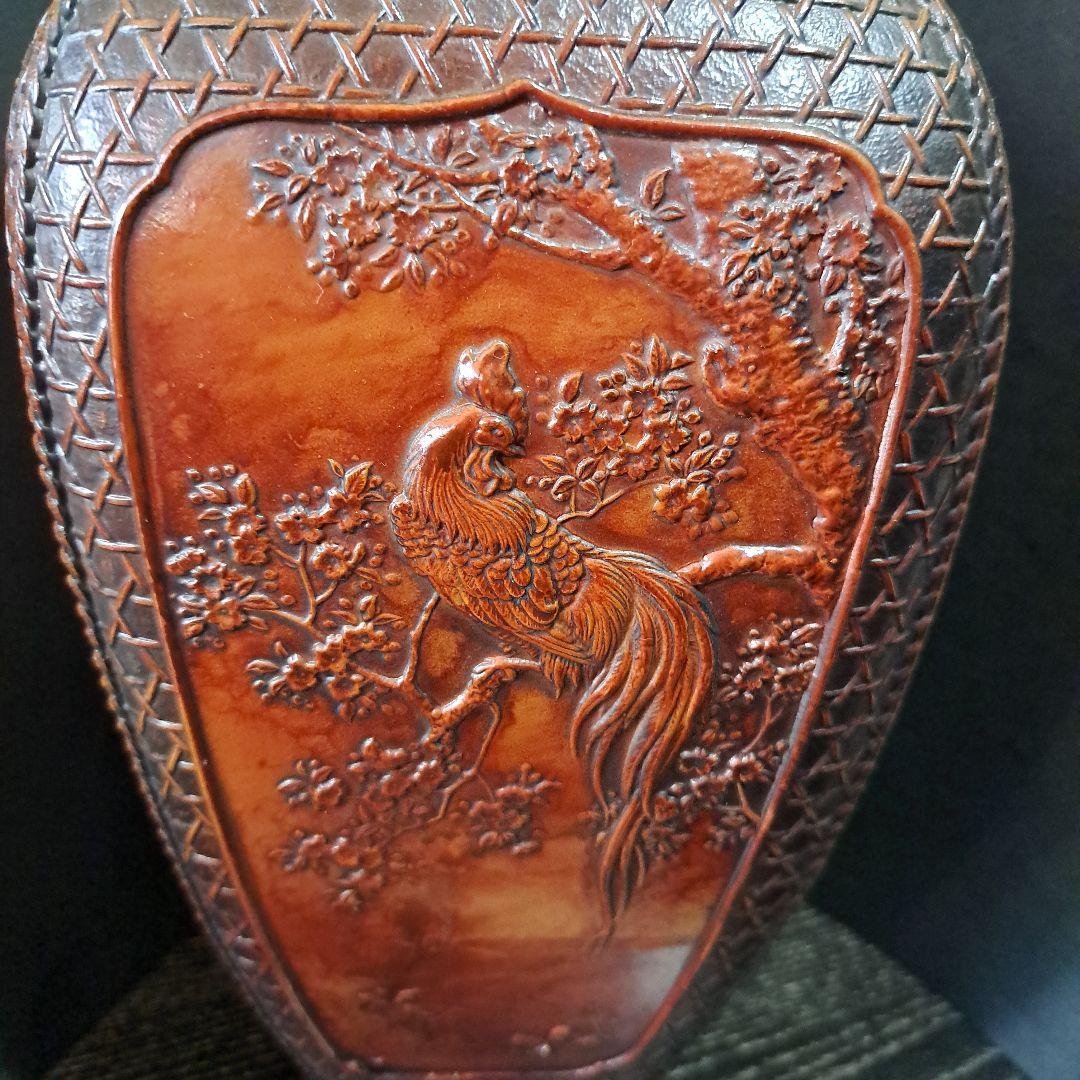 銅製　極上飾壺　細密浮き彫り　高岡銅器　日展入選品　四面獅子　花鳥図