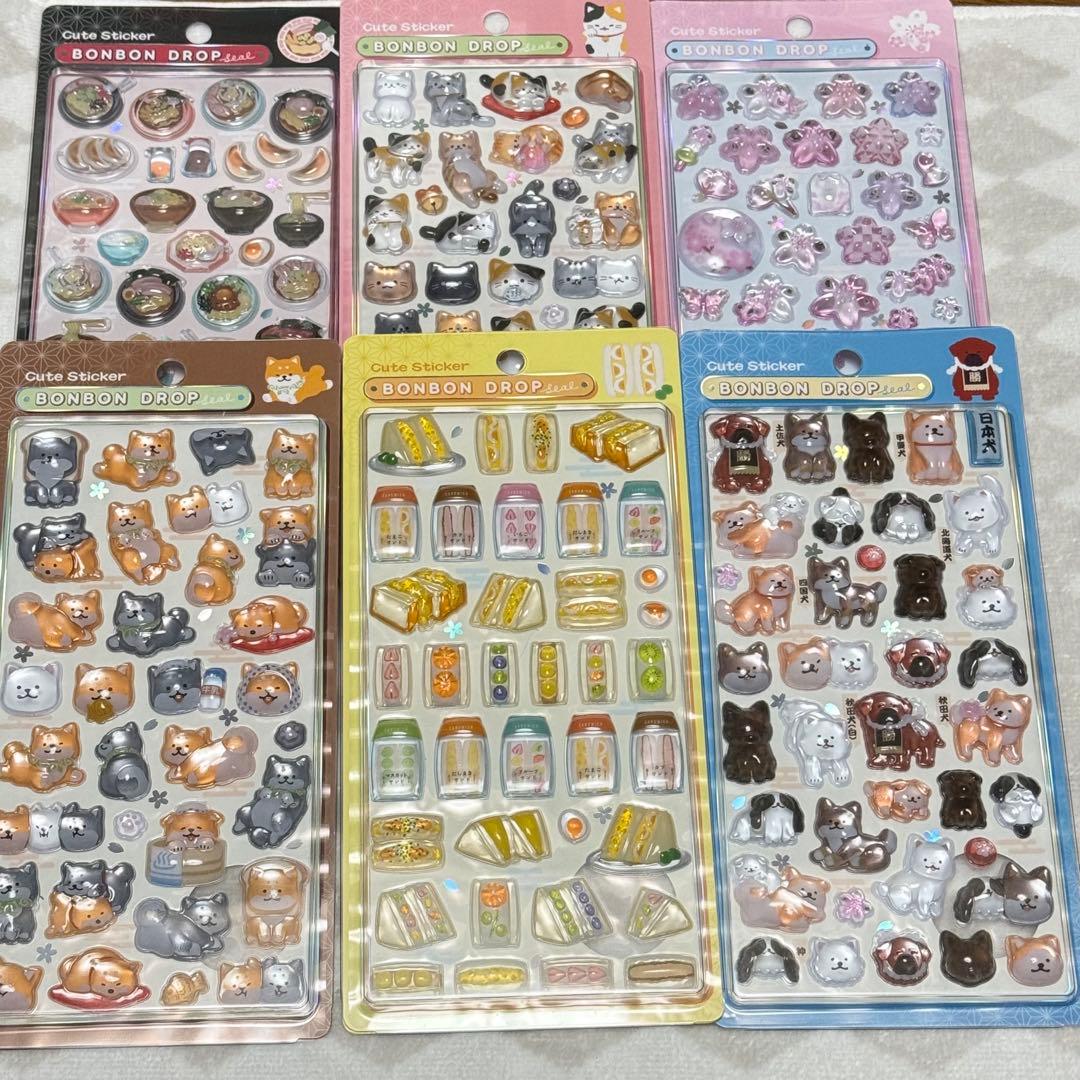 【国内正規品】6枚セット 和柄　ボンボンドロップシール　犬猫 サンドイッチ