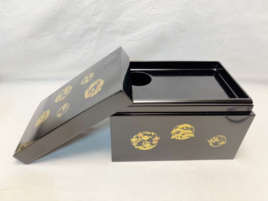 未使用 茶道具 木製黒真塗 花丸蒔絵 茶箱セット 茶器揃え 紙箱
