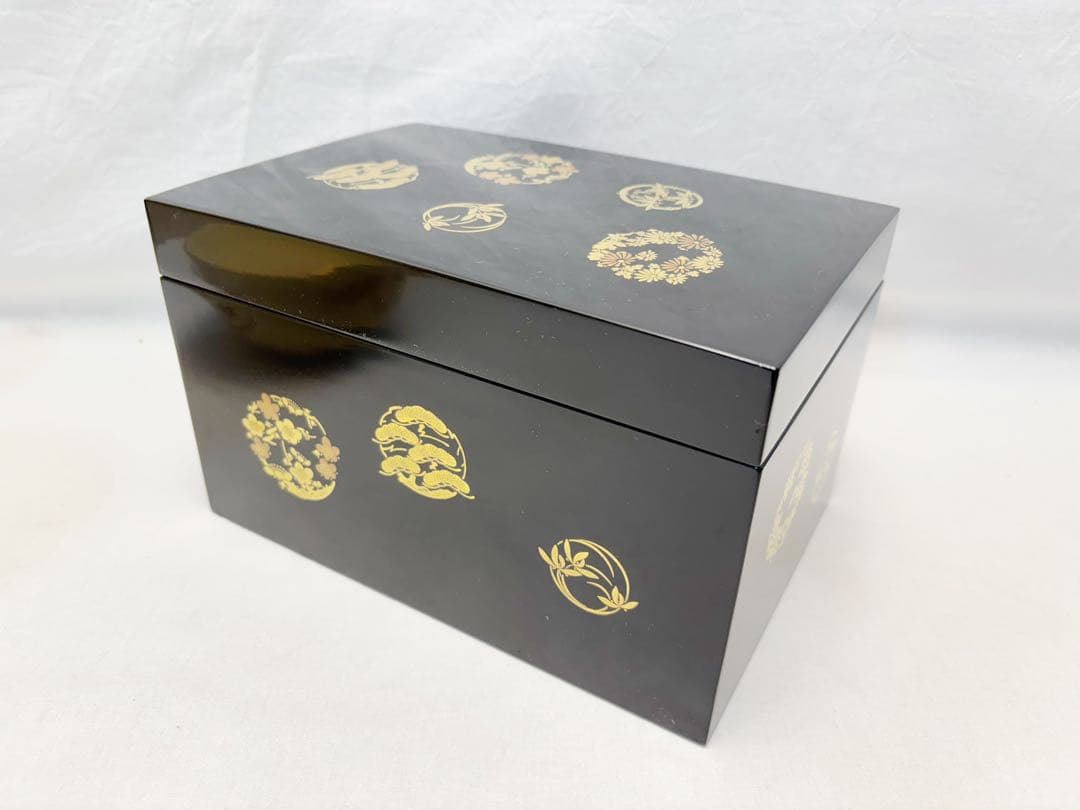 未使用 茶道具 木製黒真塗 花丸蒔絵 茶箱セット 茶器揃え 紙箱
