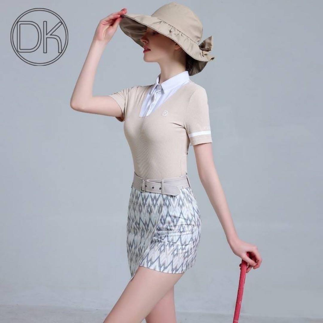 未使用♪ゴルフウェア上下セットXS ポロシャツ ミニスカート 重ね着風 ベルト付