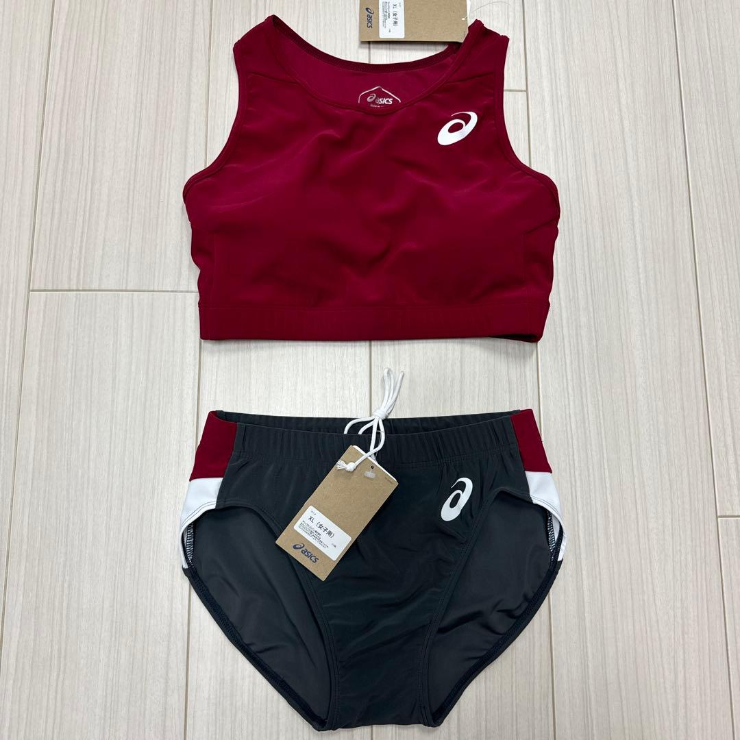 アシックス　女子陸上ユニフォーム上下　XLサイズ　エンジ×ダークグレー×ホワイト