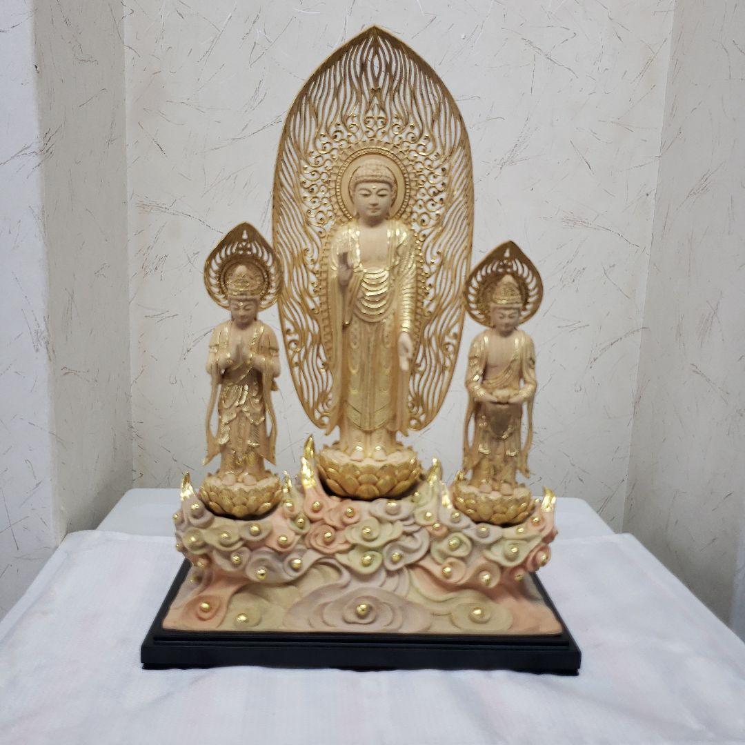 Ｂフライデー　仏像★伽耶材 阿弥陀如来三尊像6寸立★観音菩薩・勢至菩薩淡彩色錐金