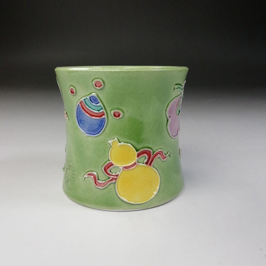 Ｔ６８５　蓋置　『淡緑交趾　宝尽し』『小松雅山 造』　共箱　茶道具