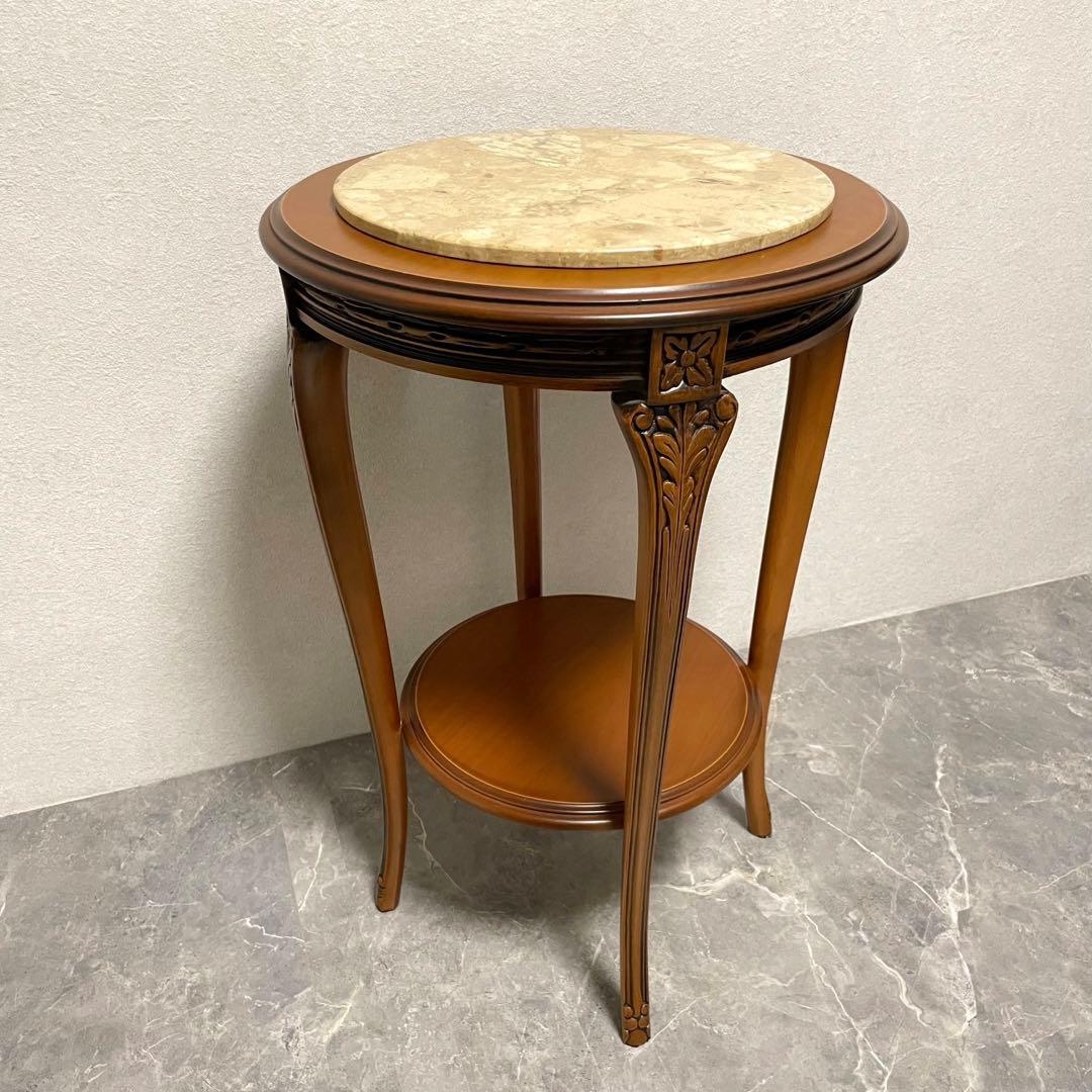 イタリア製　天板大理石　花台　サイドテーブル　木彫刻　飾り台　猫脚