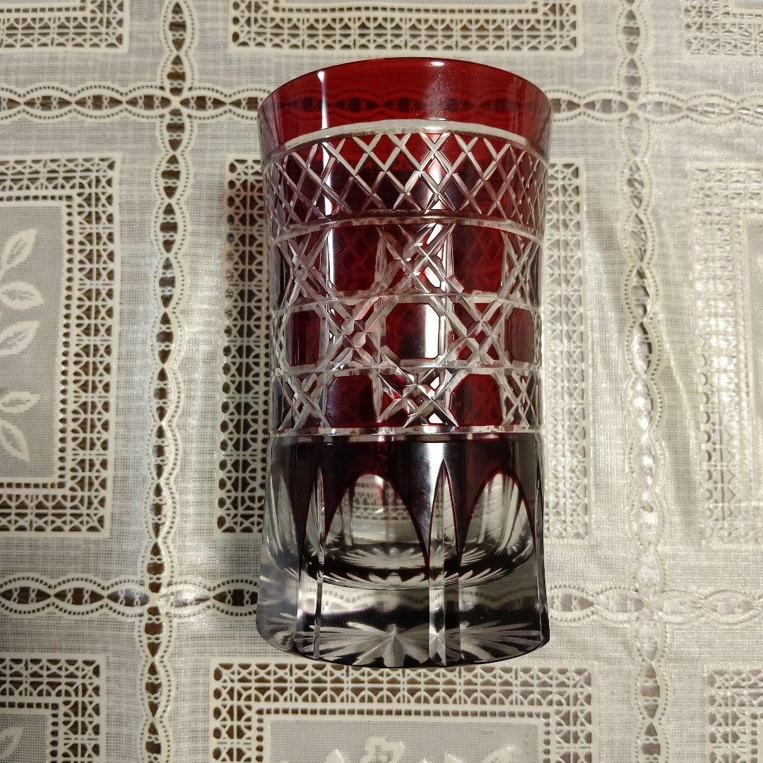 \"未使用\" ヤマザキガラス製　薩摩切子　南蛮赤　矢来、籠目　菊透かし紋様　グラス