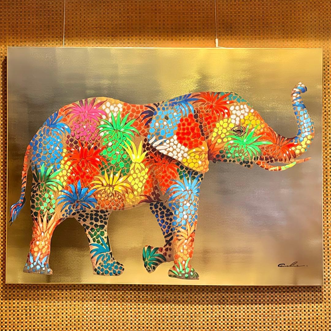 象 絵 壁画 (フラワーエレファント90x120cm　タッチドピクチャー)