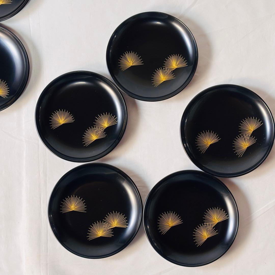 美品 輪島塗 銘々皿10客セット 共箱付 松金蒔絵 黒塗 漆器 和モダン
