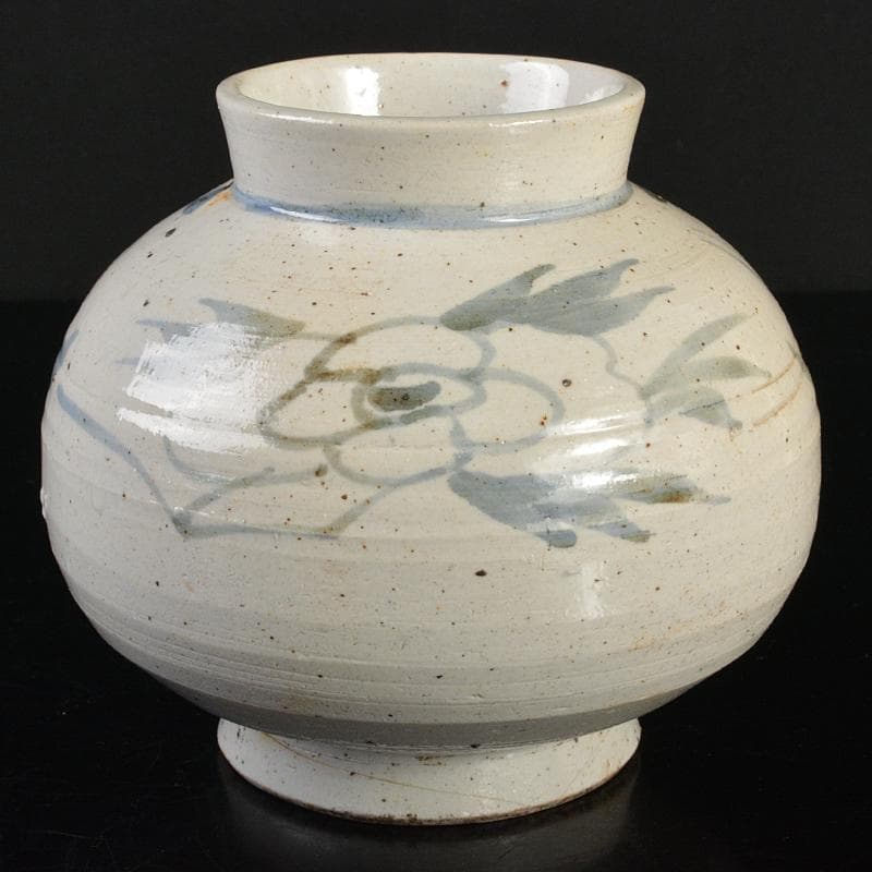 朝鮮美術　李朝　高麗白磁　染付　花文　丸壷　D　R6758