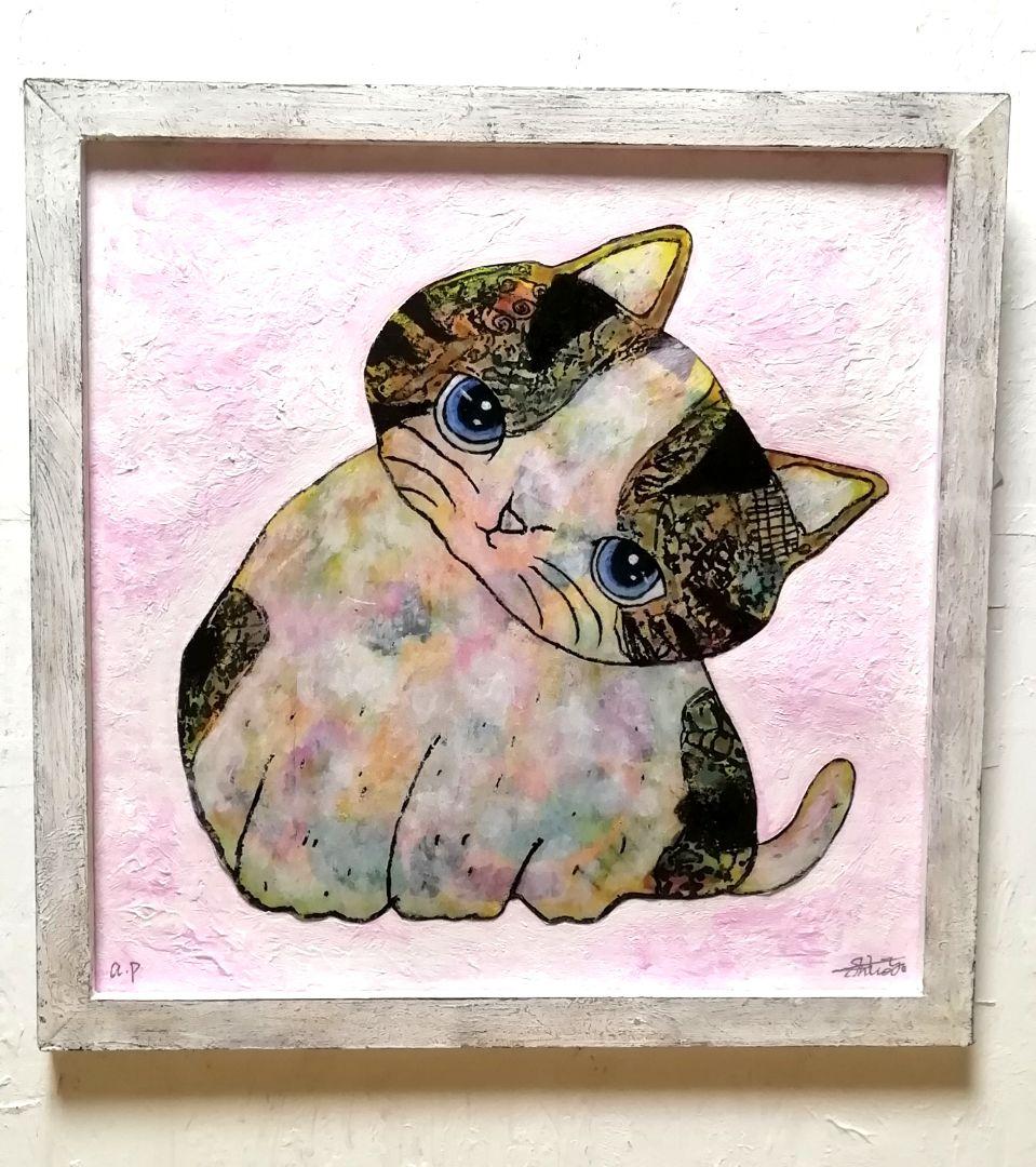 額付き銅版画応用絵画　title「よりそい猫」
