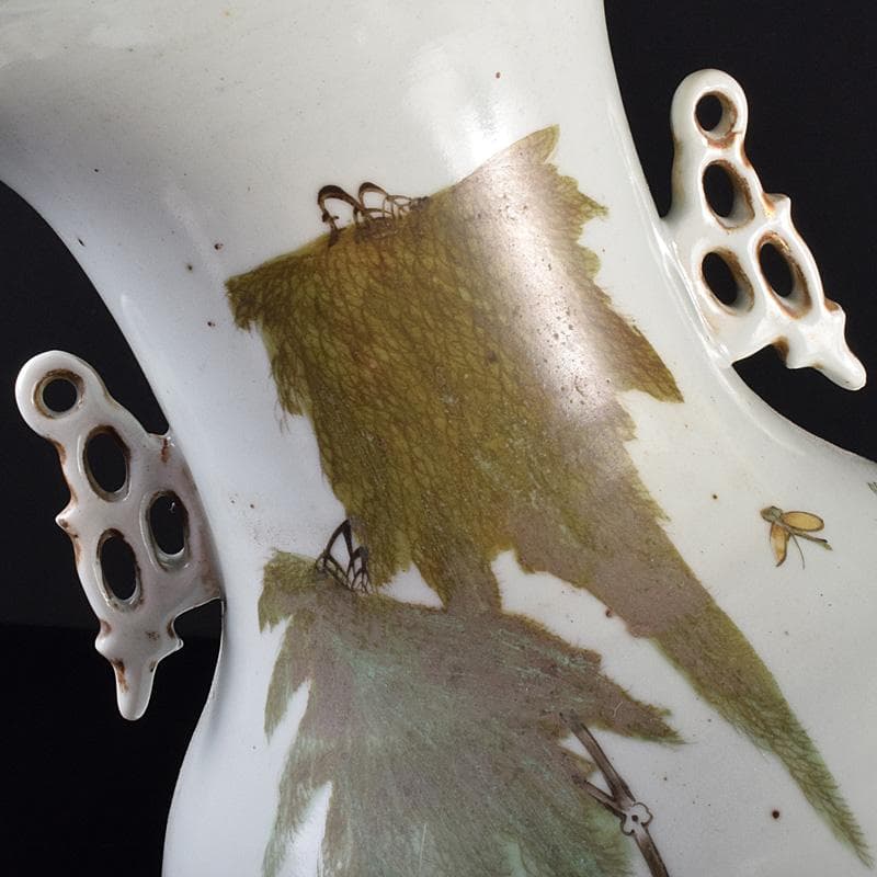 中国　粉彩花鳥文　双耳瓶　高さ約41cm　V　R7643F