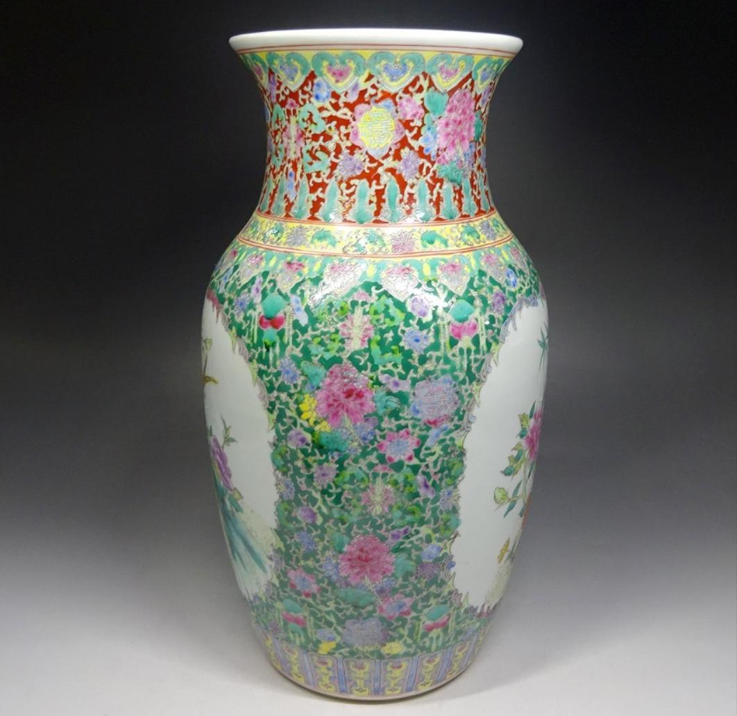 中国古玩 大清乾隆年製 粉彩 花鳥図 花瓶 高約35cm 時代物 c06101