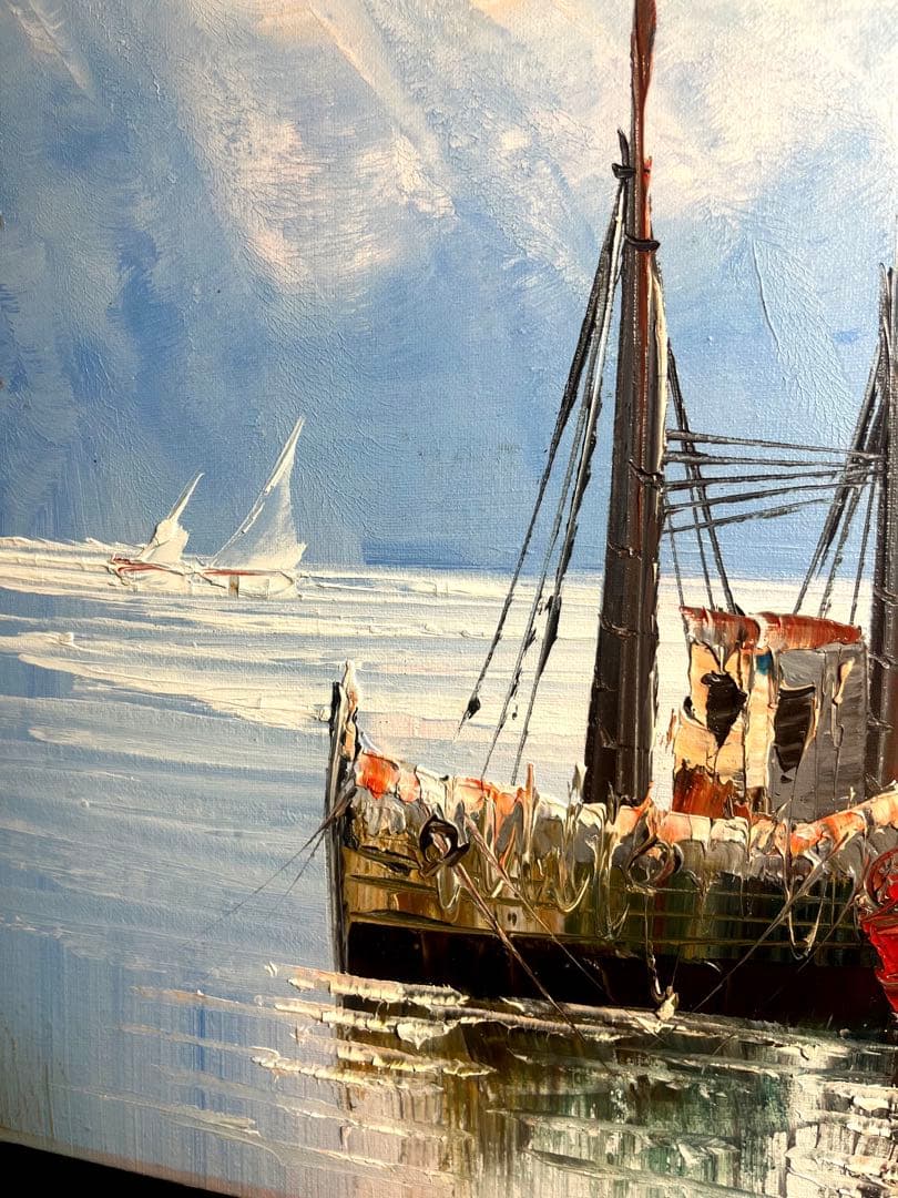 世界堂　額　豪華　額縁付き　油彩絵 船 風景 絵画　肉筆　サイン　アンティーク