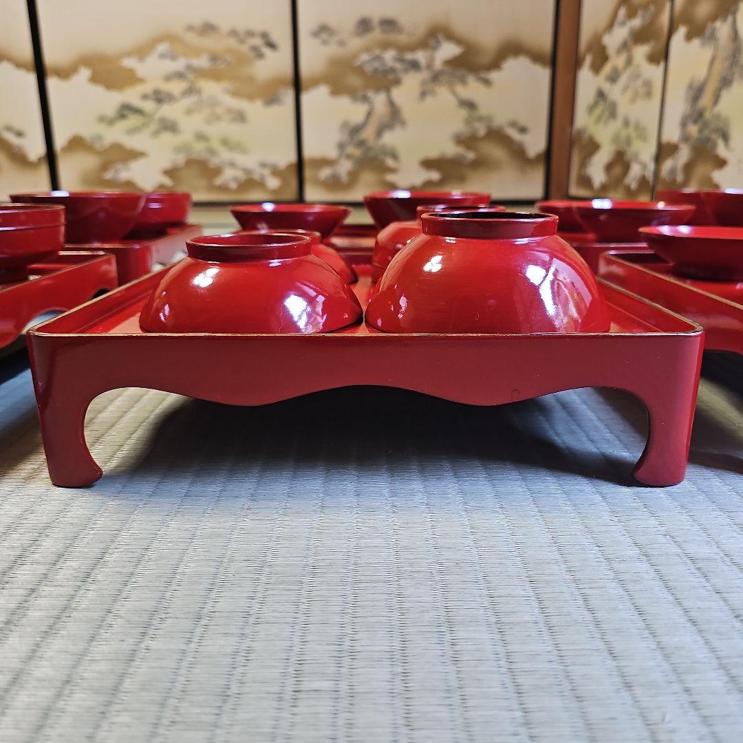 昭和レトロ/1950年代前半物】赤漆塗り お膳セット 金縁 会席膳 茶懐石6客