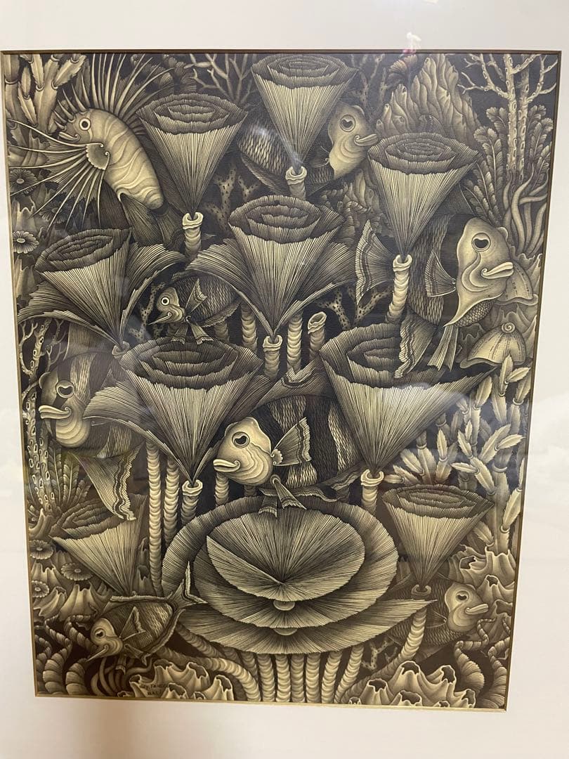 水生生物のモノクロアート作品 額50✖️60cm