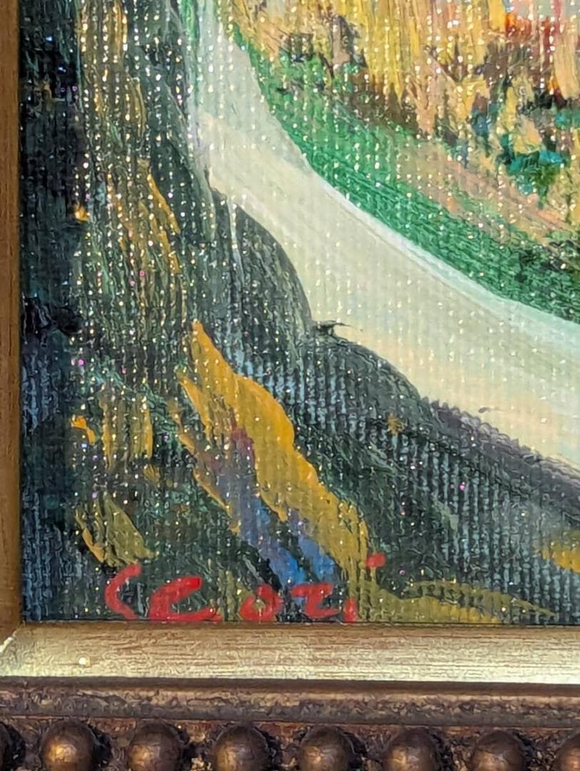 【真作】絵画　油彩0号　地中海の風景画　青い海の見える街　W149