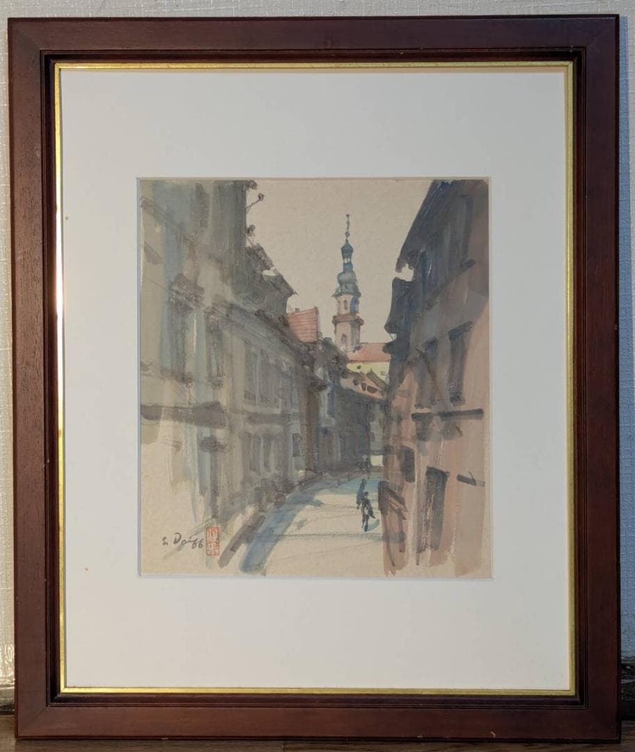 【真作】絵画　水彩（色紙）　フランクフルトのまち　スケッチ風景　Y197