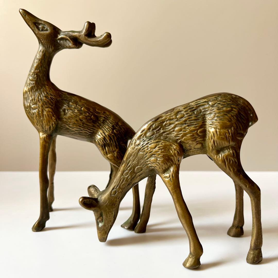 金属　真鍮　鹿　ペア　置物　中