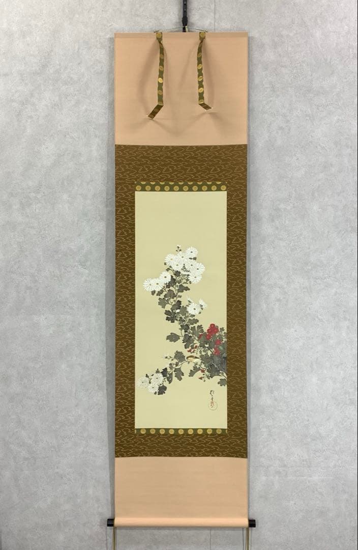 掛軸 酒井抱一 菊に小禽図 十二ヶ月花島図 木箱 工芸 太巻 7-25