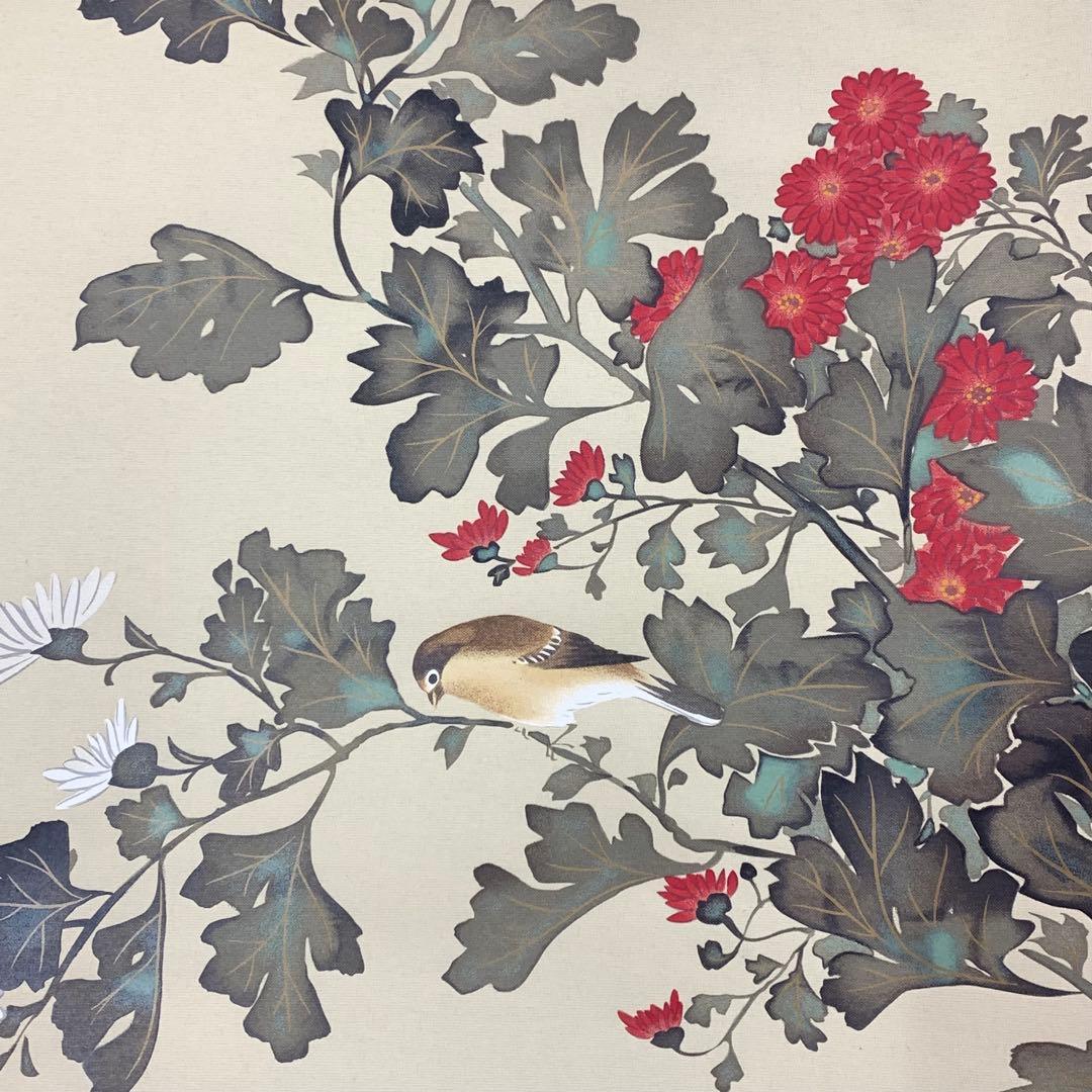 掛軸 酒井抱一 菊に小禽図 十二ヶ月花島図 木箱 工芸 太巻 7-25