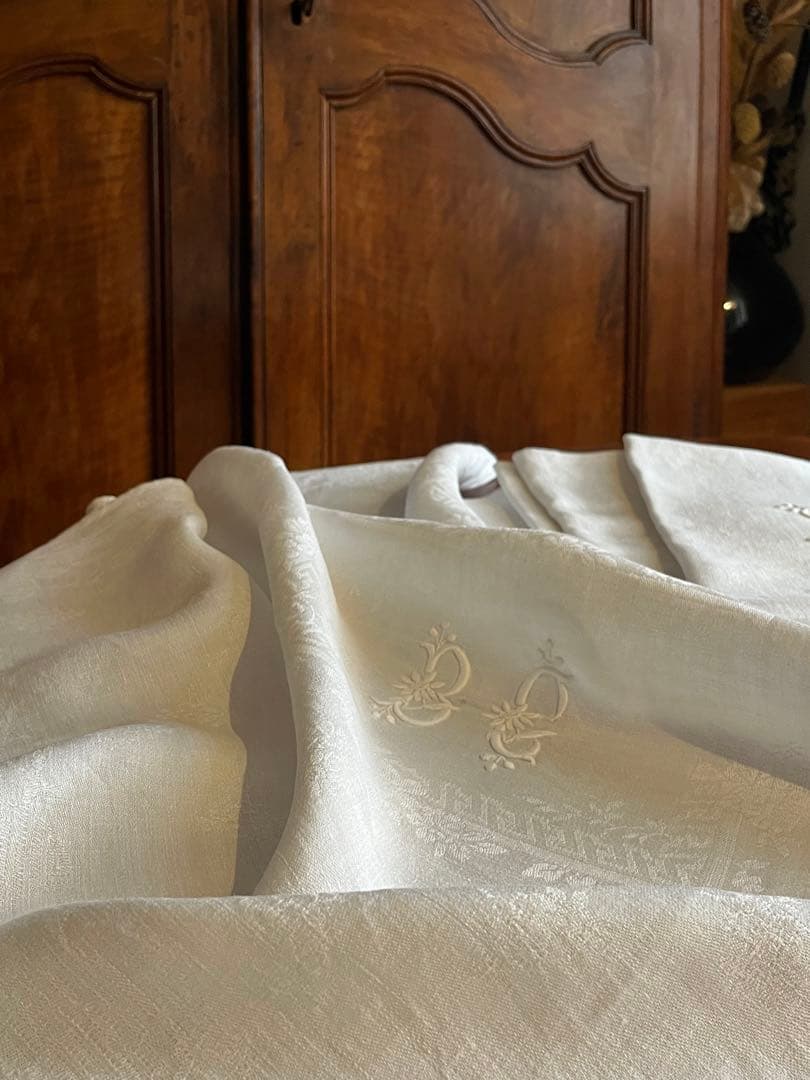 ◆フランスアンティーク｜イニシャル刺繍トーションセット、ダマスク織り白ナプキン