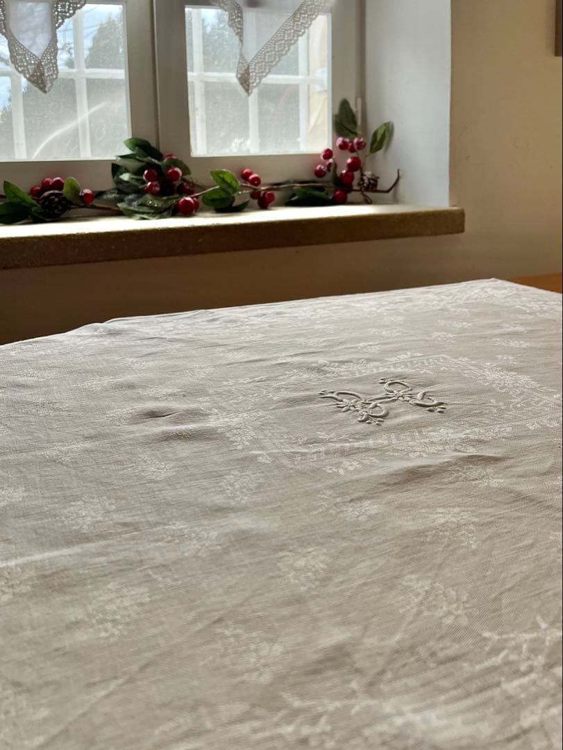 ◆フランスアンティーク｜イニシャル刺繍トーションセット、ダマスク織り白ナプキン