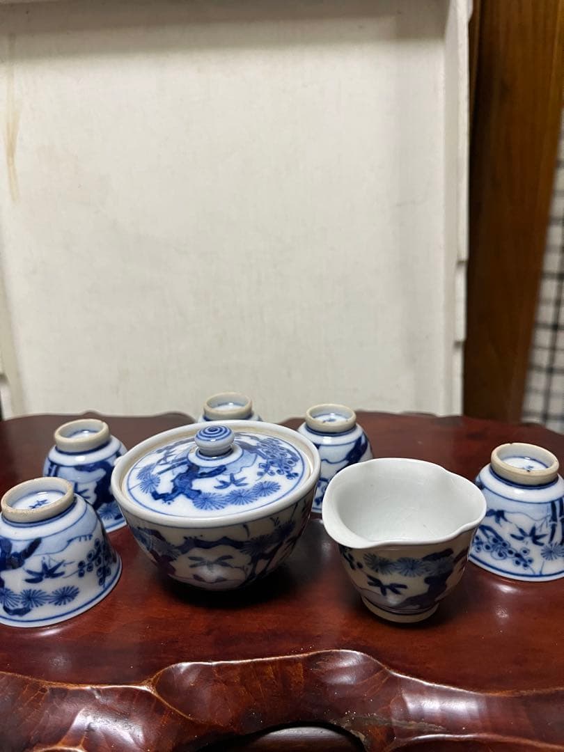 煎茶道具　松竹梅　九谷焼　染付 松竹梅　煎茶器セット　5客　花輪型湯冷　時代