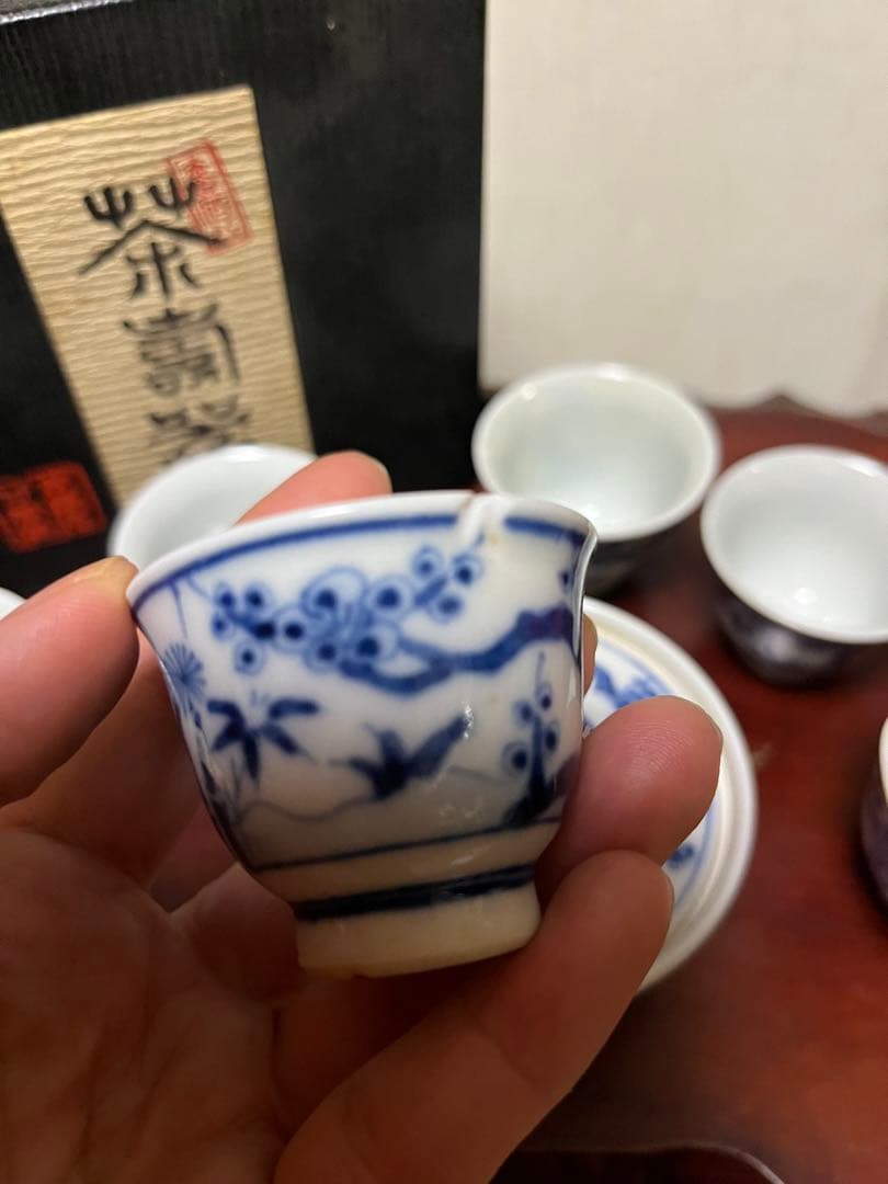 煎茶道具　松竹梅　九谷焼　染付 松竹梅　煎茶器セット　5客　花輪型湯冷　時代