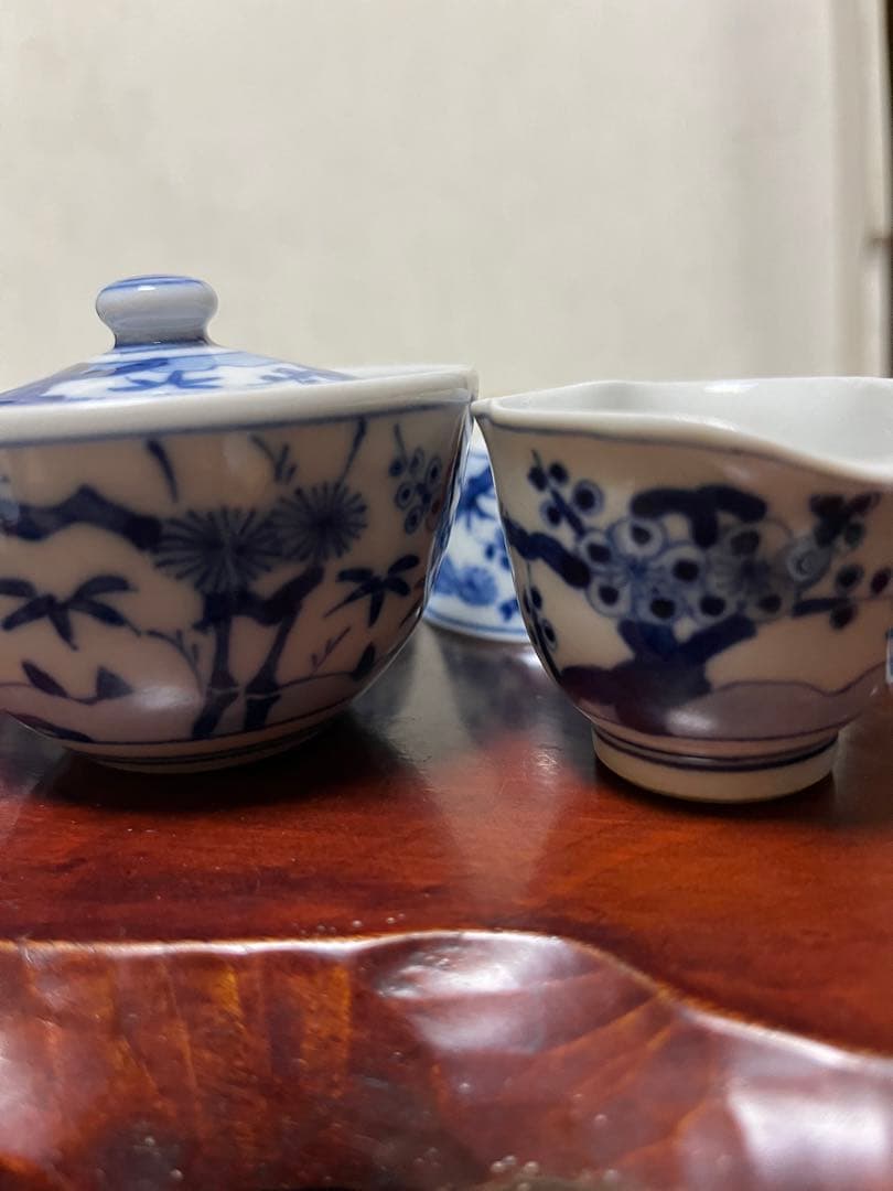 煎茶道具　松竹梅　九谷焼　染付 松竹梅　煎茶器セット　5客　花輪型湯冷　時代