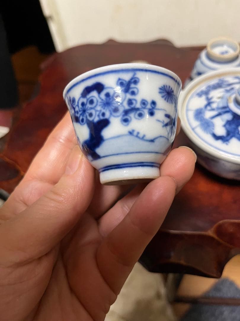 煎茶道具　松竹梅　九谷焼　染付 松竹梅　煎茶器セット　5客　花輪型湯冷　時代