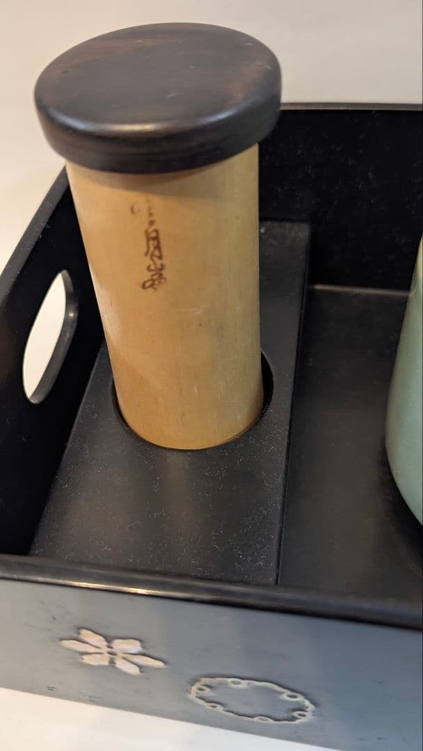 茶道具 木製黒塗 螺鈿 煙草盆一対 青磁火入 細密細工 茶懐石 漆　骨董　登月峯