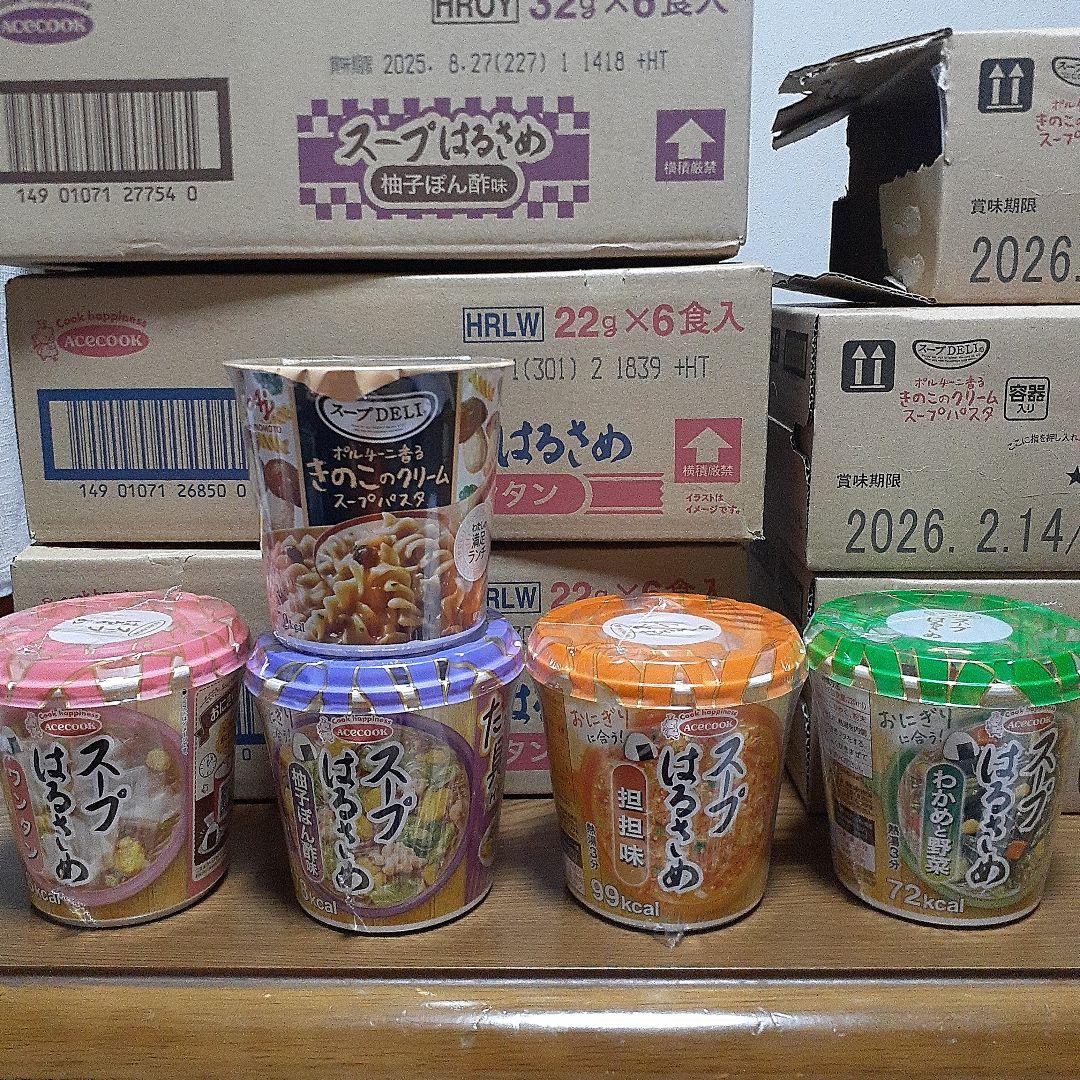 スープはるさめ、スープパスタ 計54個+お菓子詰め合わせQ