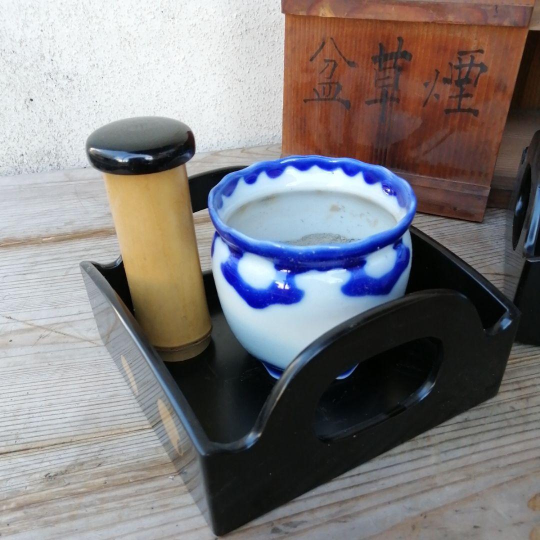 骨董　煙草盆　つぼつぼ　茶道具　２つ　木製　漆器 染め付け 漆器